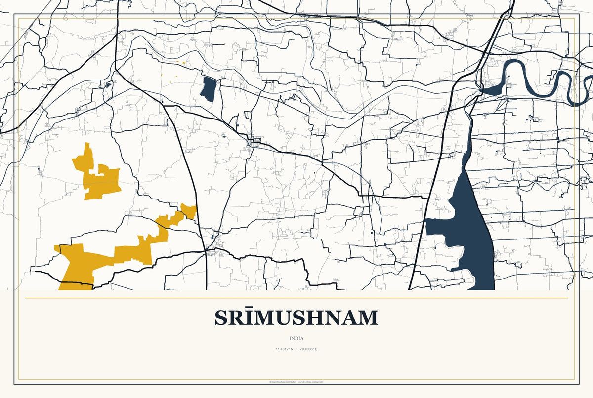 Srīmushnam, India City Map Aluminum Sign in Citrine Modern style
