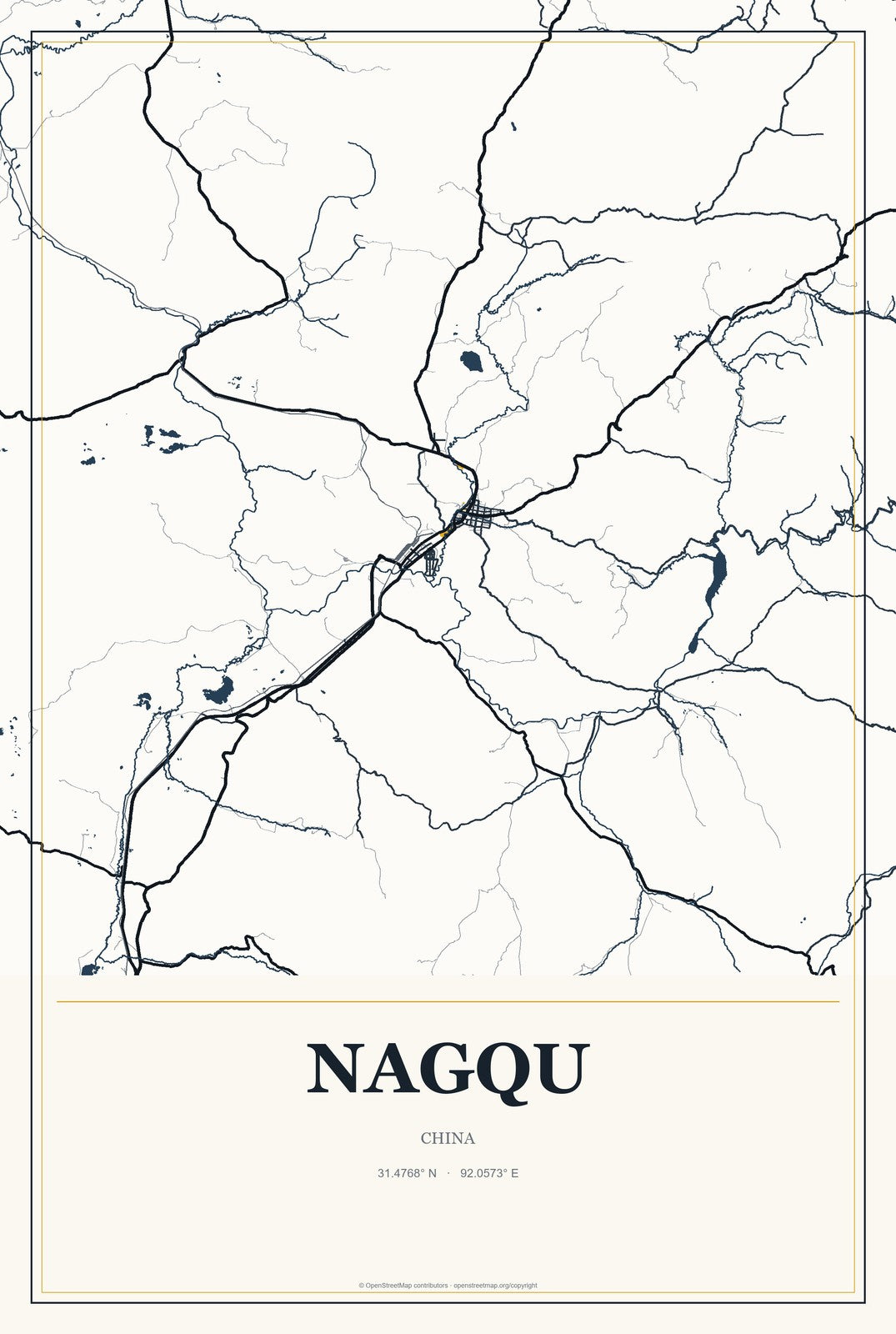 Nagqu, China City Map Aluminum Sign in Citrine Modern style