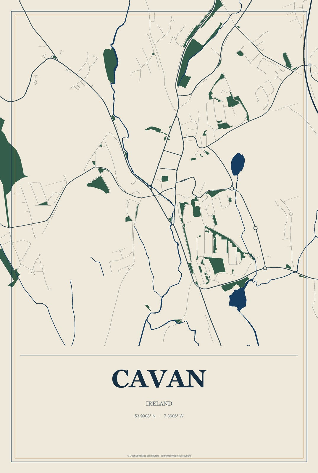 Cavan, Ireland City Map Aluminum Sign in Coastal Cutout style