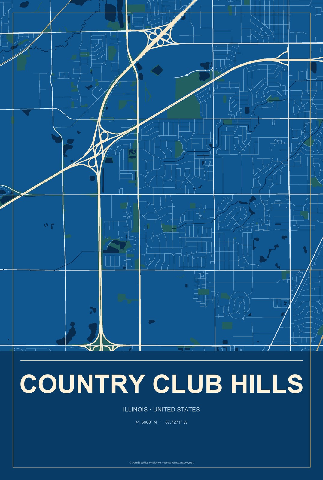 Country Club Hills, Illinois City Map Aluminum Sign in Harbor Cobalt style