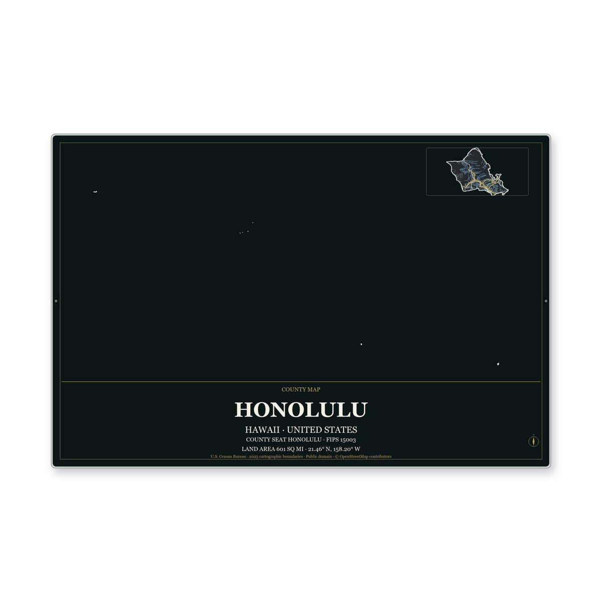 Honolulu County, Hawaii Map Aluminum Sign in Metropolitan Noir style