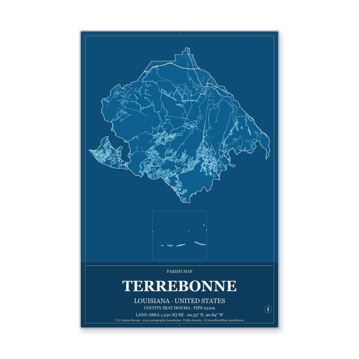 Terrebonne Parish, Louisiana Map Aluminum Sign in Harbor Cobalt style
