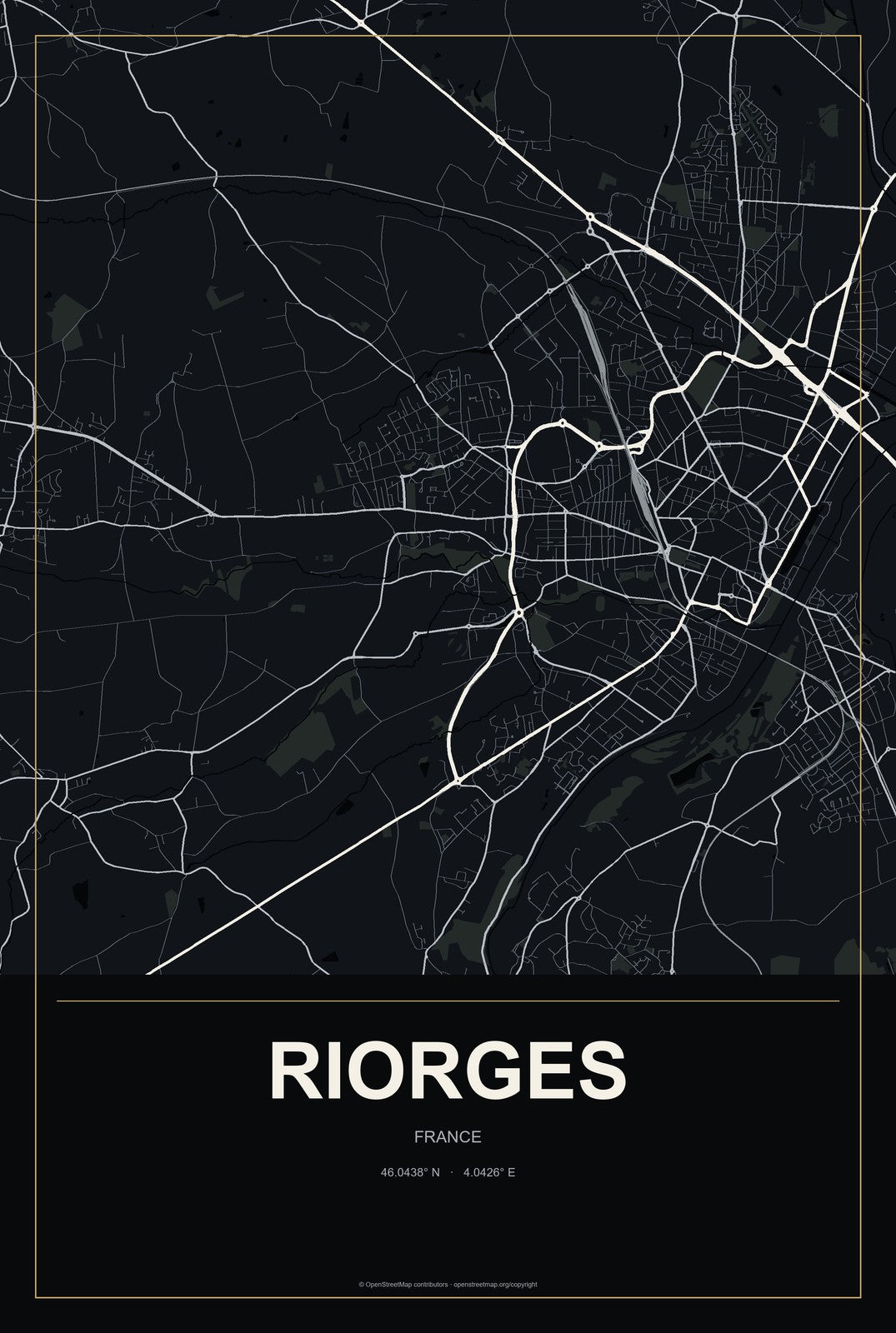 Riorges, France City Map Aluminum Sign in Metropolitan Noir style