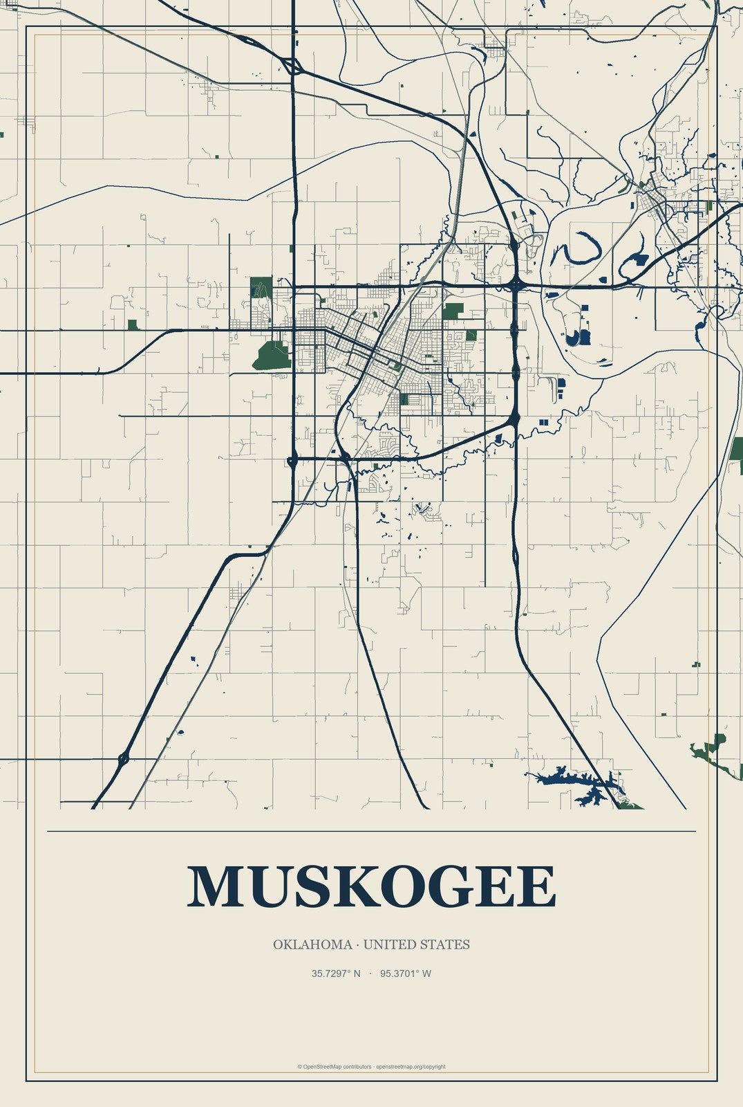 Muskogee, Oklahoma City Map Aluminum Sign in Coastal Cutout style