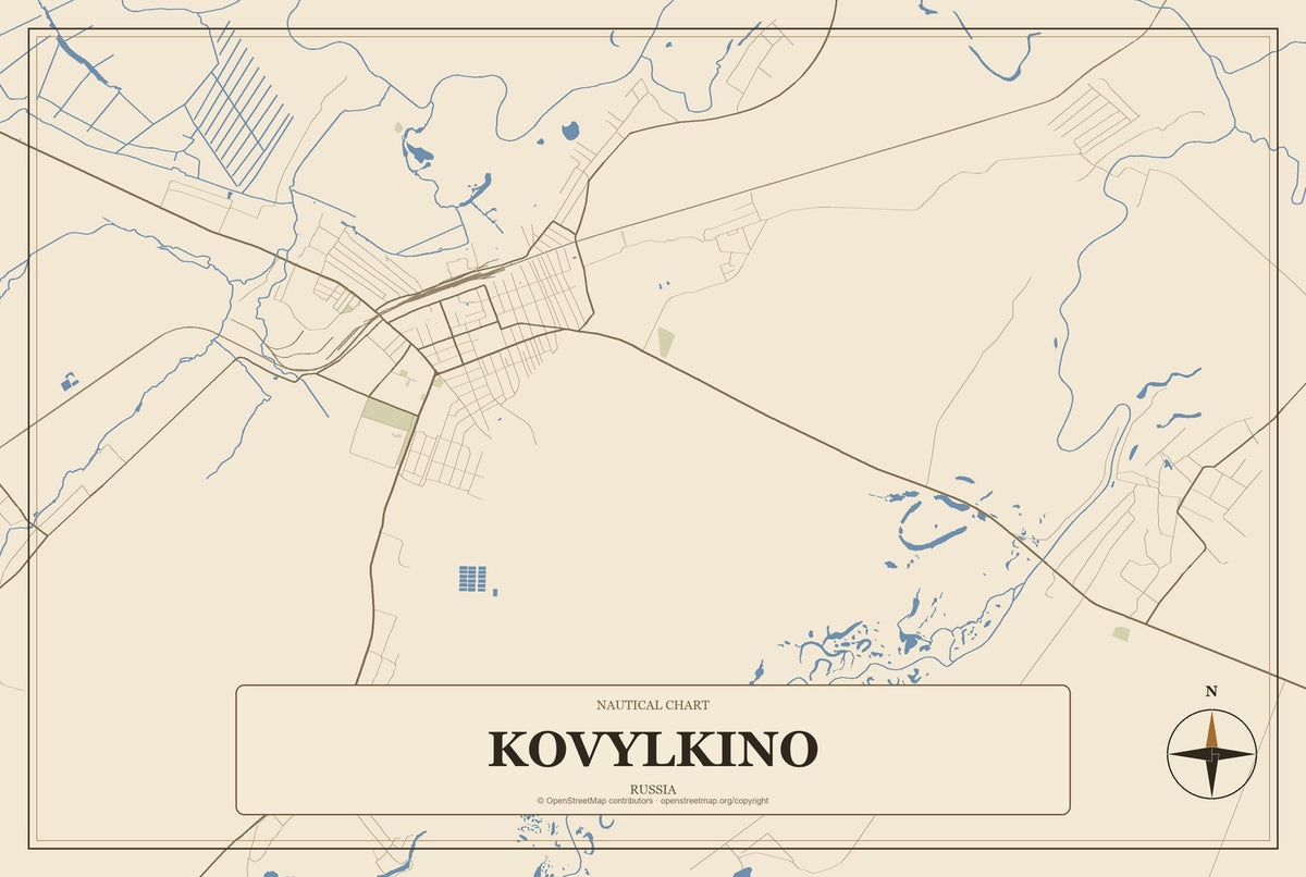Kovylkino, Russia City Map Aluminum Sign in Heritage Nautical style
