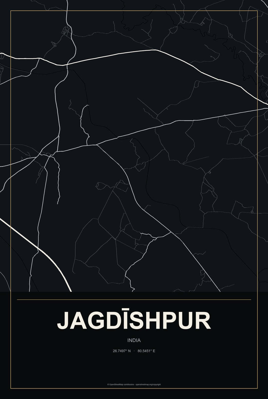 Jagdīshpur, India City Map Aluminum Sign in Metropolitan Noir style