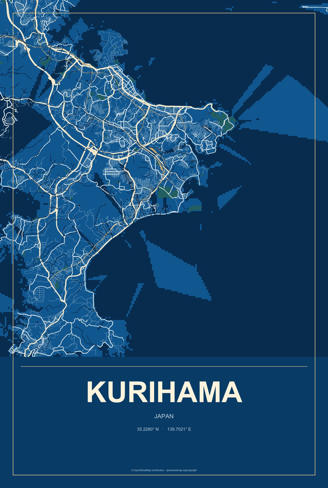 Kurihama, Japan City Map Aluminum Sign in Harbor Cobalt style