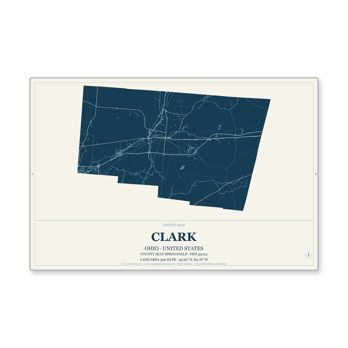 Clark County, Ohio Map Aluminum Sign in Coastal Cutout style