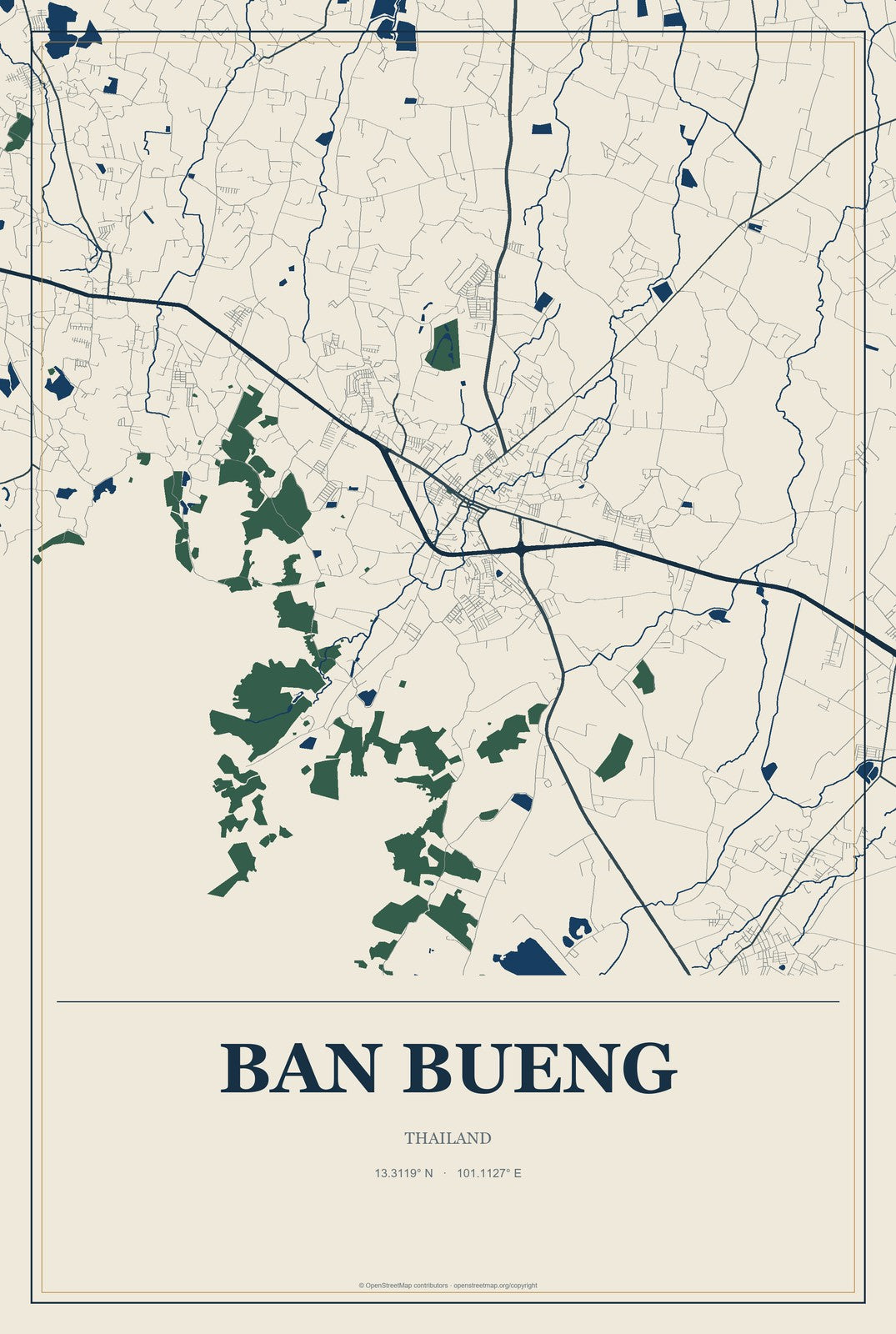 Ban Bueng, Thailand City Map Aluminum Sign in Coastal Cutout style