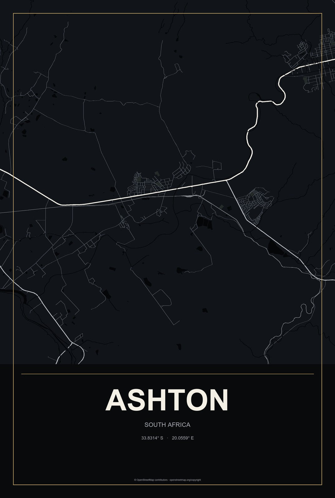 Ashton, South Africa City Map Aluminum Sign in Metropolitan Noir style