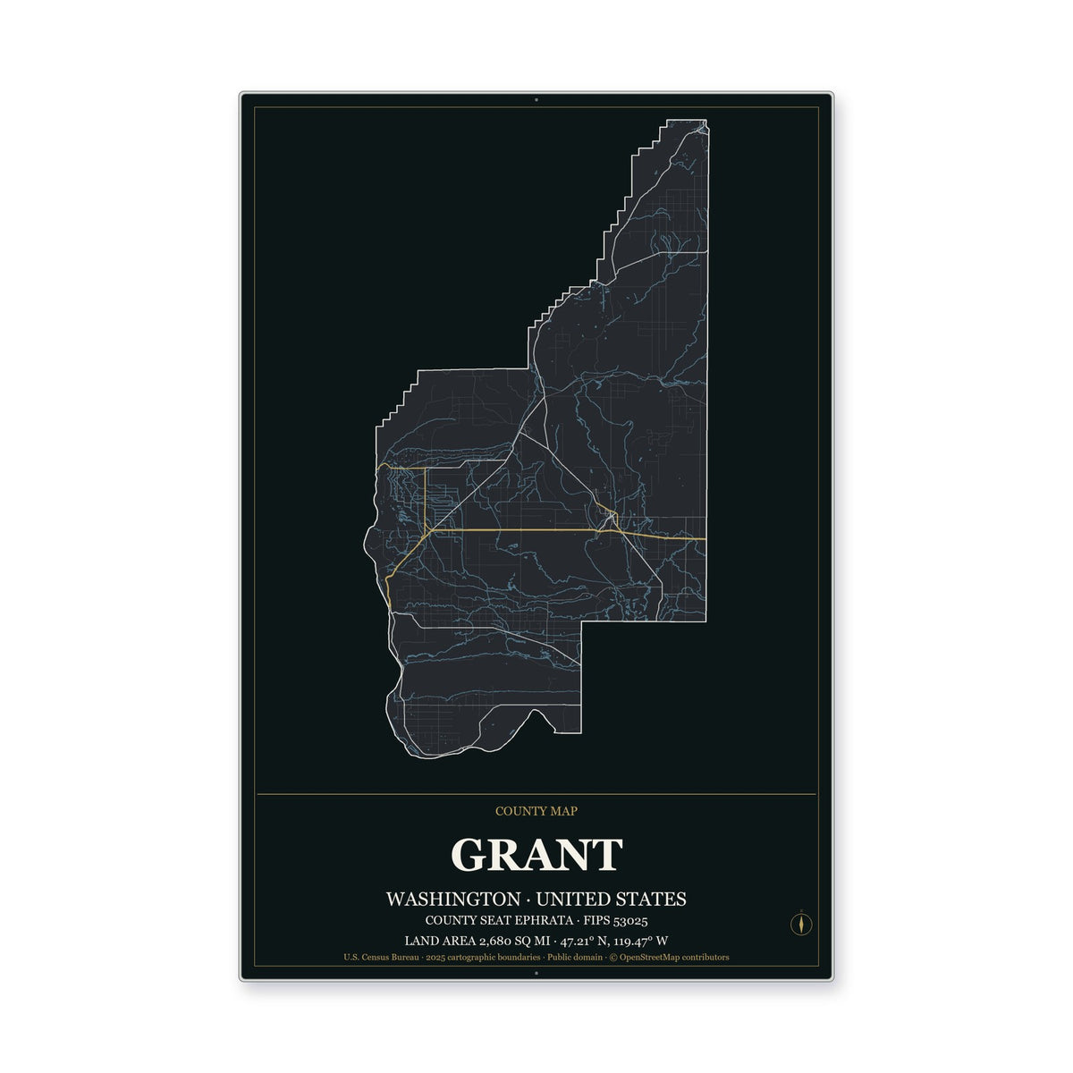 Grant County, Washington Map Aluminum Sign in Metropolitan Noir style