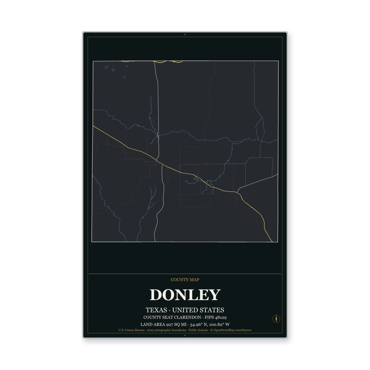 Donley County, Texas Map Aluminum Sign in Metropolitan Noir style