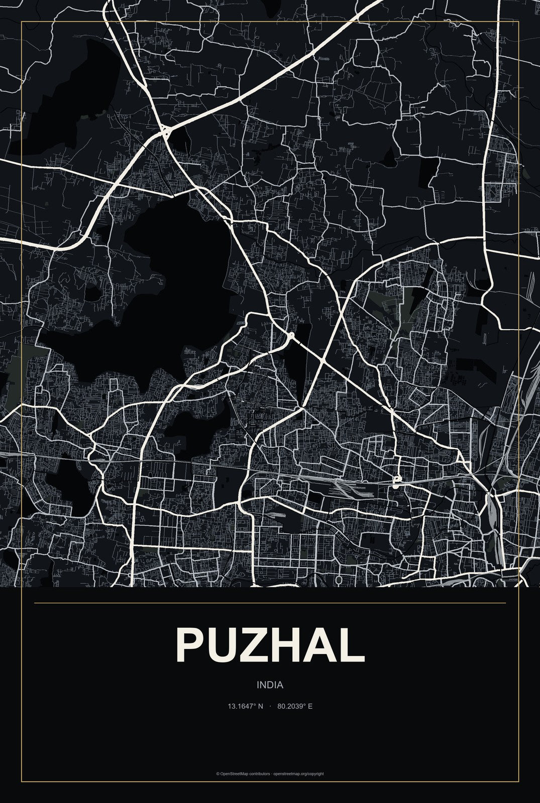 Puzhal, India City Map Aluminum Sign in Metropolitan Noir style