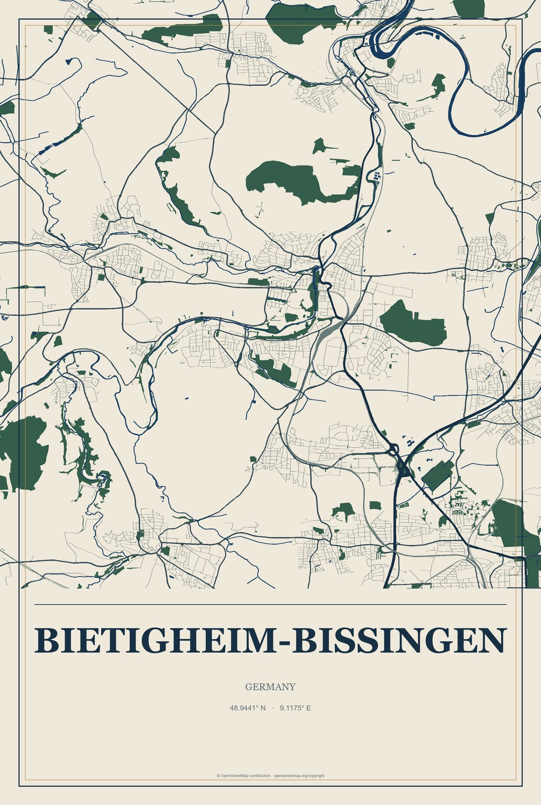 Bietigheim-Bissingen, Germany City Map Aluminum Sign in Coastal Cutout style