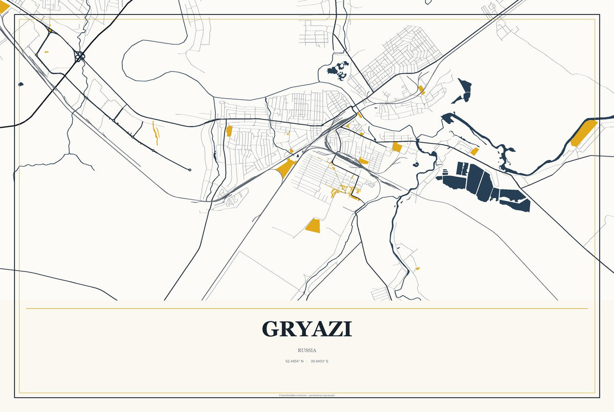 Gryazi, Russia City Map Aluminum Sign in Citrine Modern style