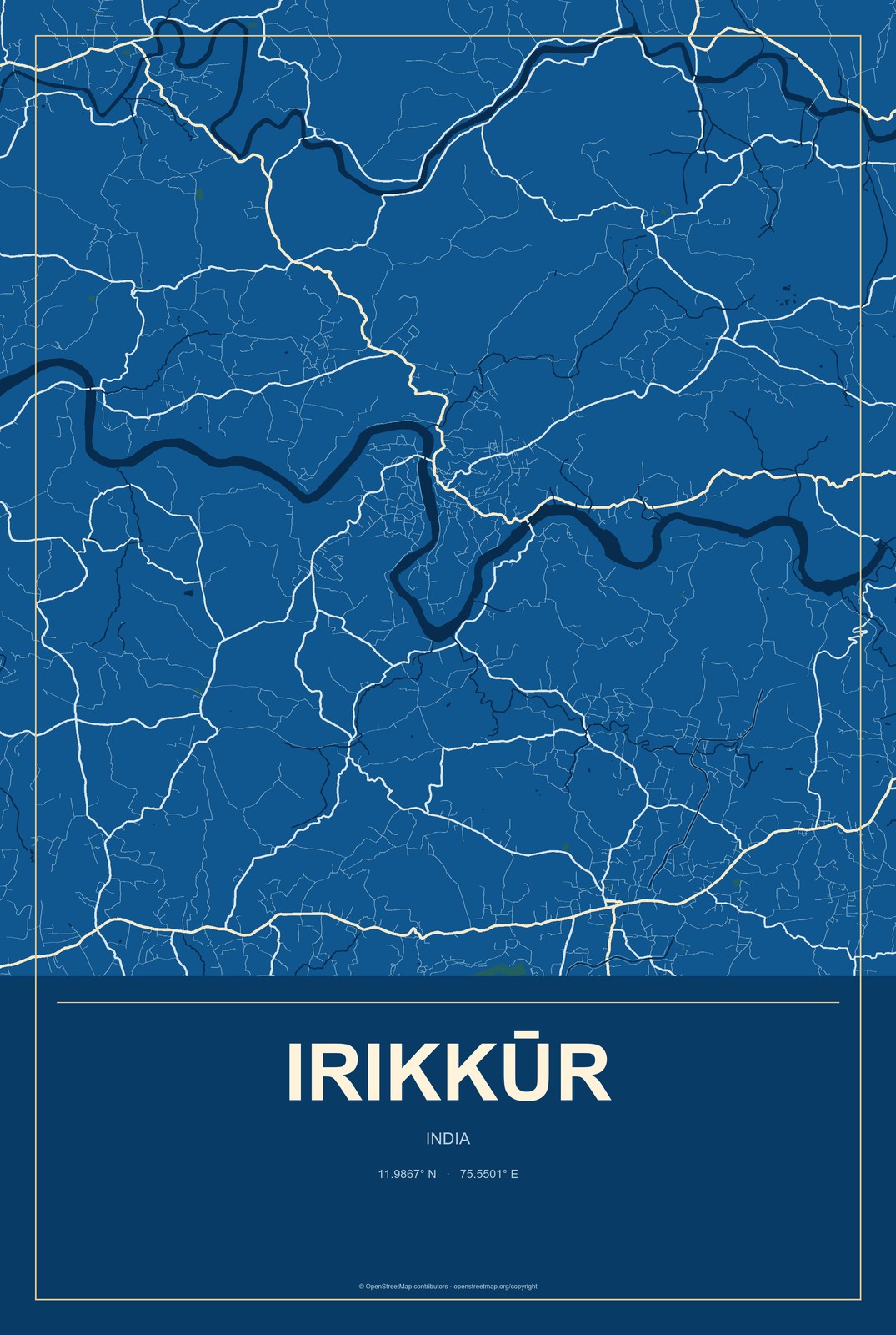Irikkūr, India City Map Aluminum Sign in Harbor Cobalt style