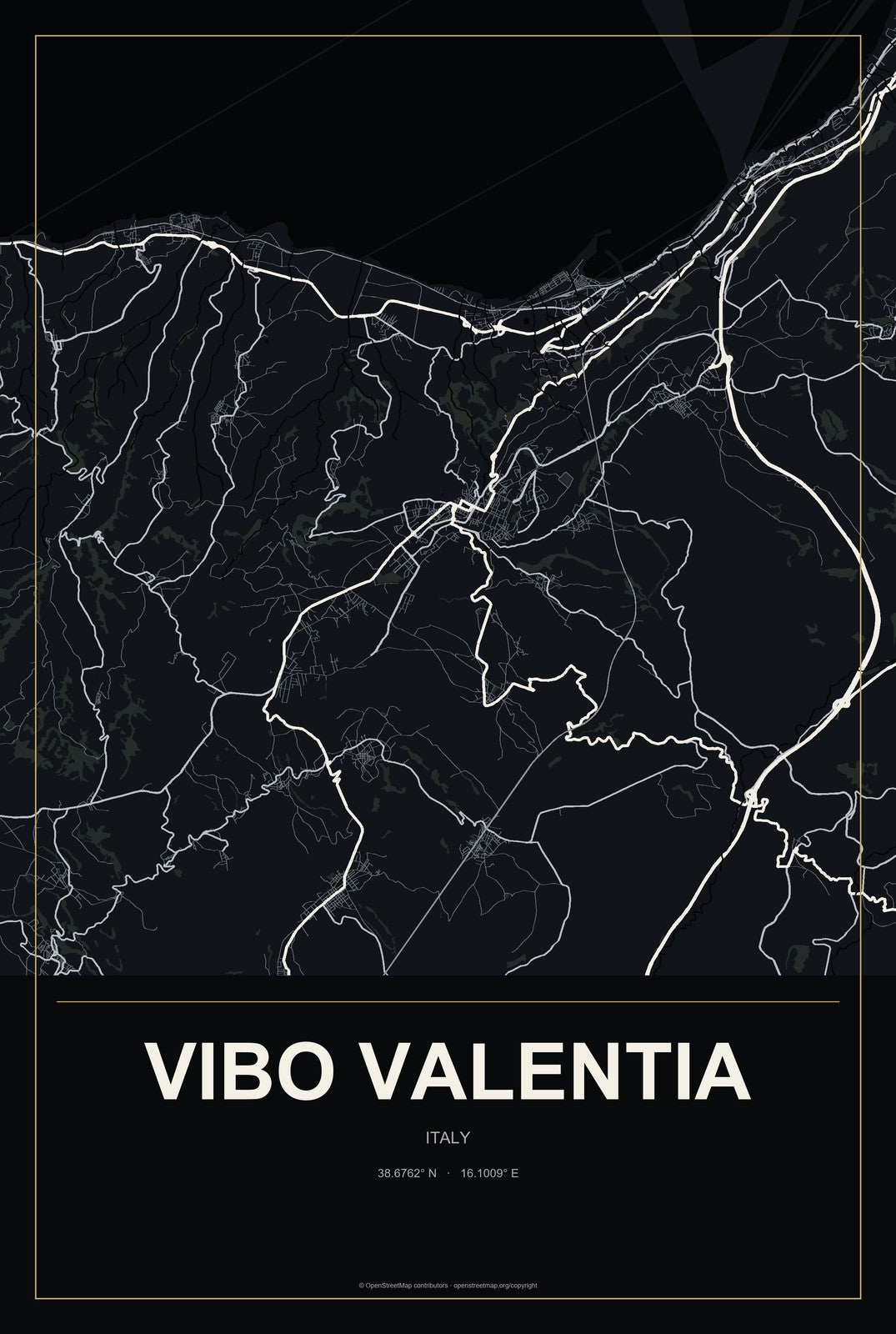 Vibo Valentia, Italy City Map Aluminum Sign in Metropolitan Noir style
