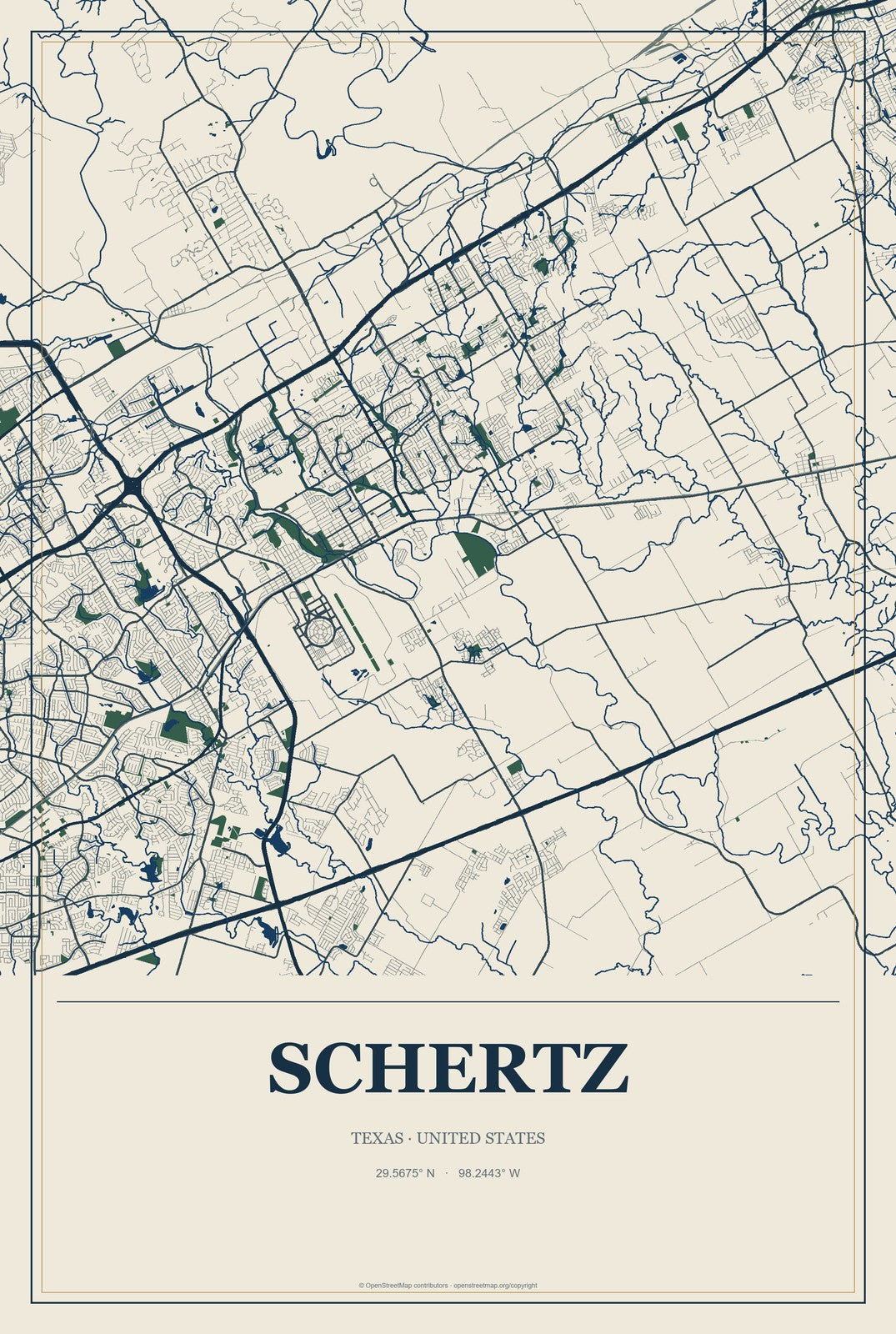 Schertz, Texas City Map Aluminum Sign in Coastal Cutout style