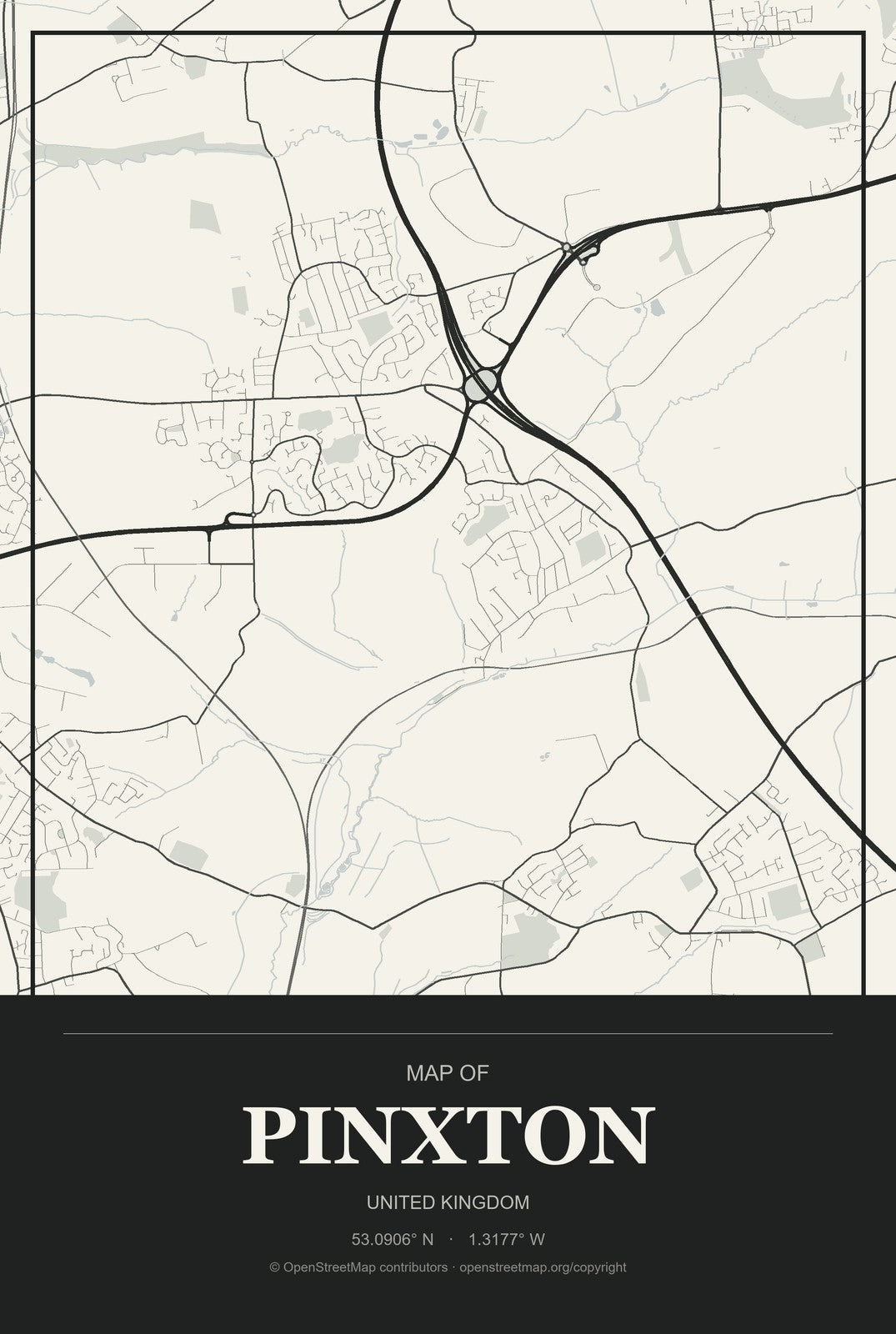 Pinxton, United Kingdom City Map Aluminum Sign in Museum Plaque style