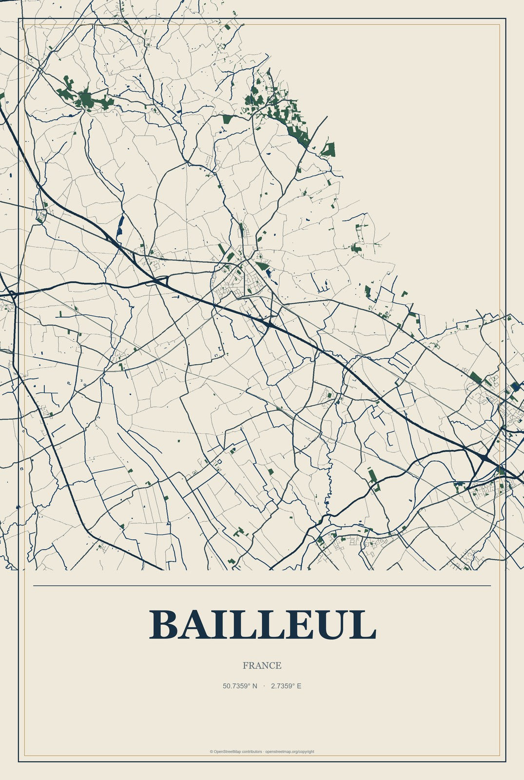 Bailleul, France City Map Aluminum Sign in Coastal Cutout style
