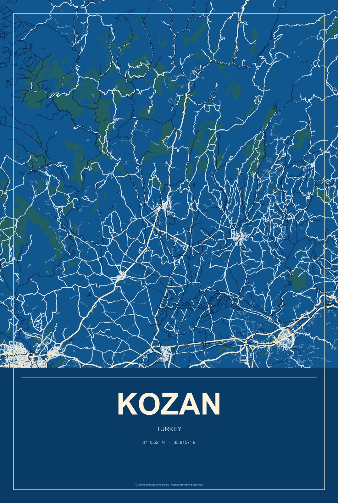 Kozan, Turkey City Map Aluminum Sign in Harbor Cobalt style
