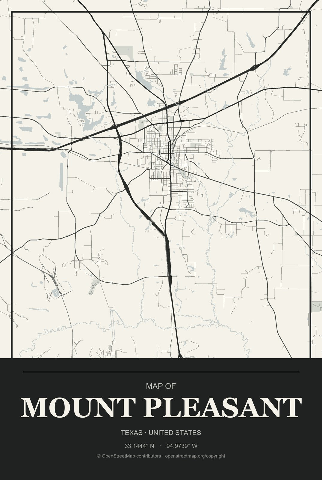 Mount Pleasant, Texas City Map Aluminum Sign in Museum Plaque style