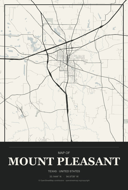 Mount Pleasant, Texas City Map Aluminum Sign in Museum Plaque style