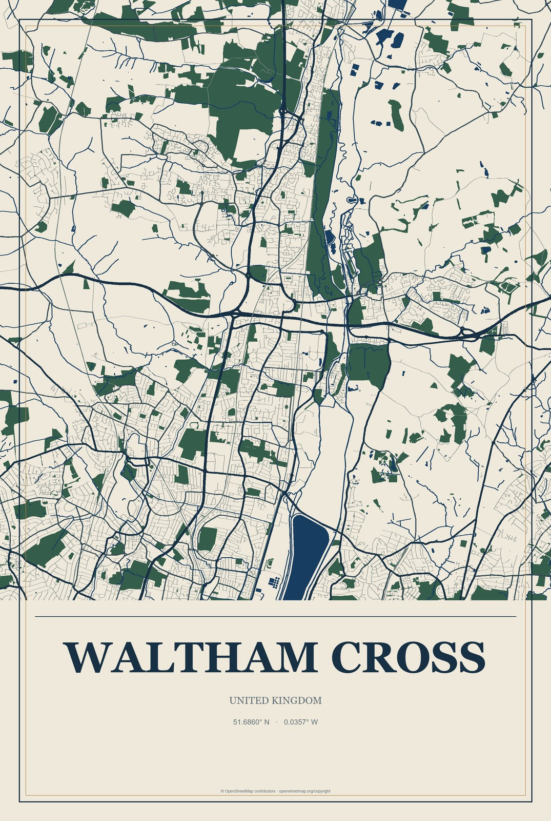 Waltham Cross, United Kingdom City Map Aluminum Sign in Coastal Cutout style