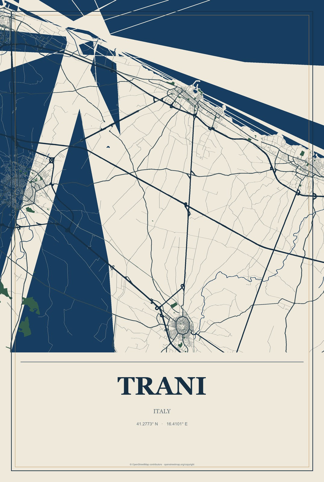 Trani, Italy City Map Aluminum Sign in Coastal Cutout style