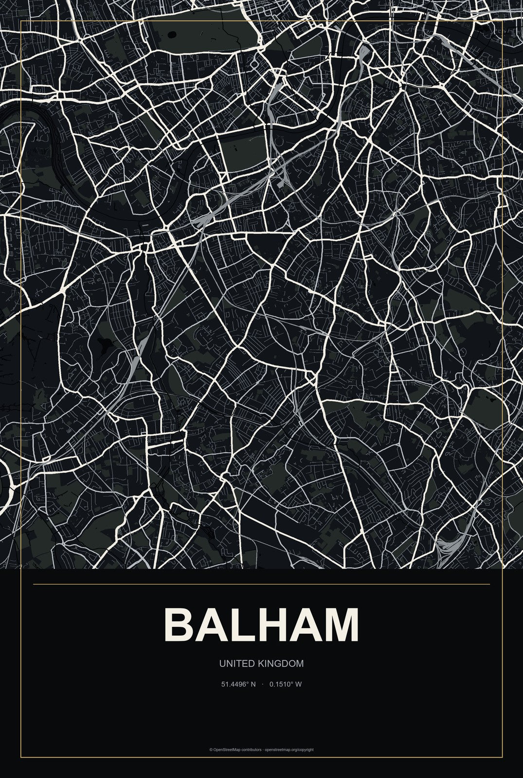 Balham, United Kingdom City Map Aluminum Sign in Metropolitan Noir style