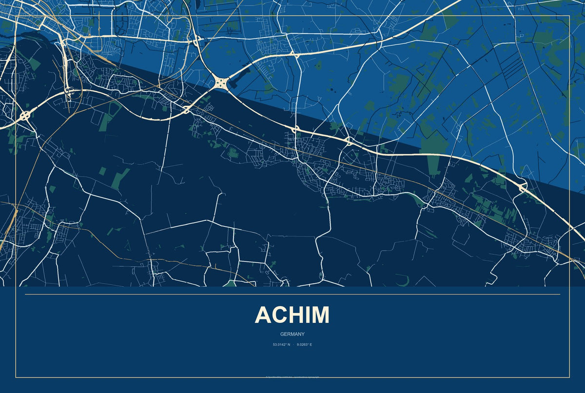 Achim, Germany City Map Aluminum Sign in Harbor Cobalt style