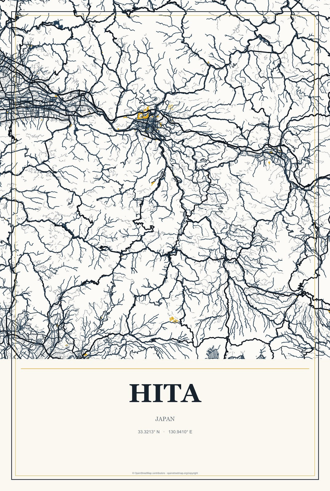 Hita, Japan City Map Aluminum Sign in Citrine Modern style