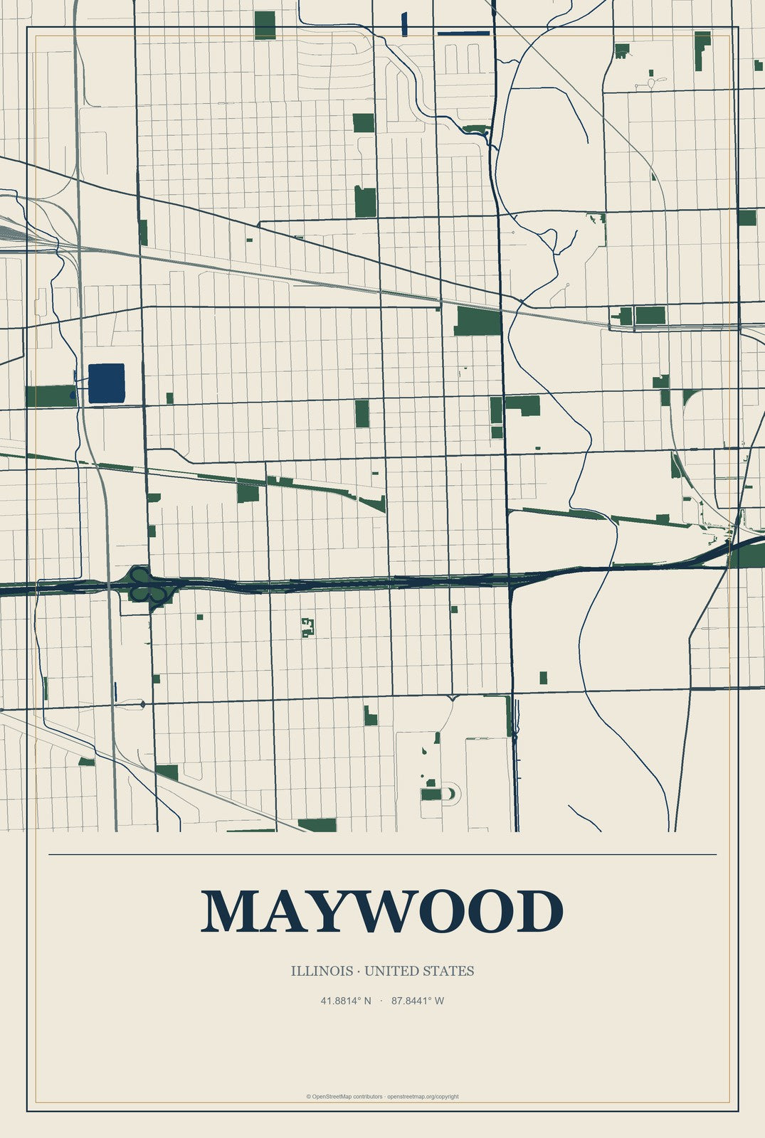 Maywood, Illinois City Map Aluminum Sign in Coastal Cutout style