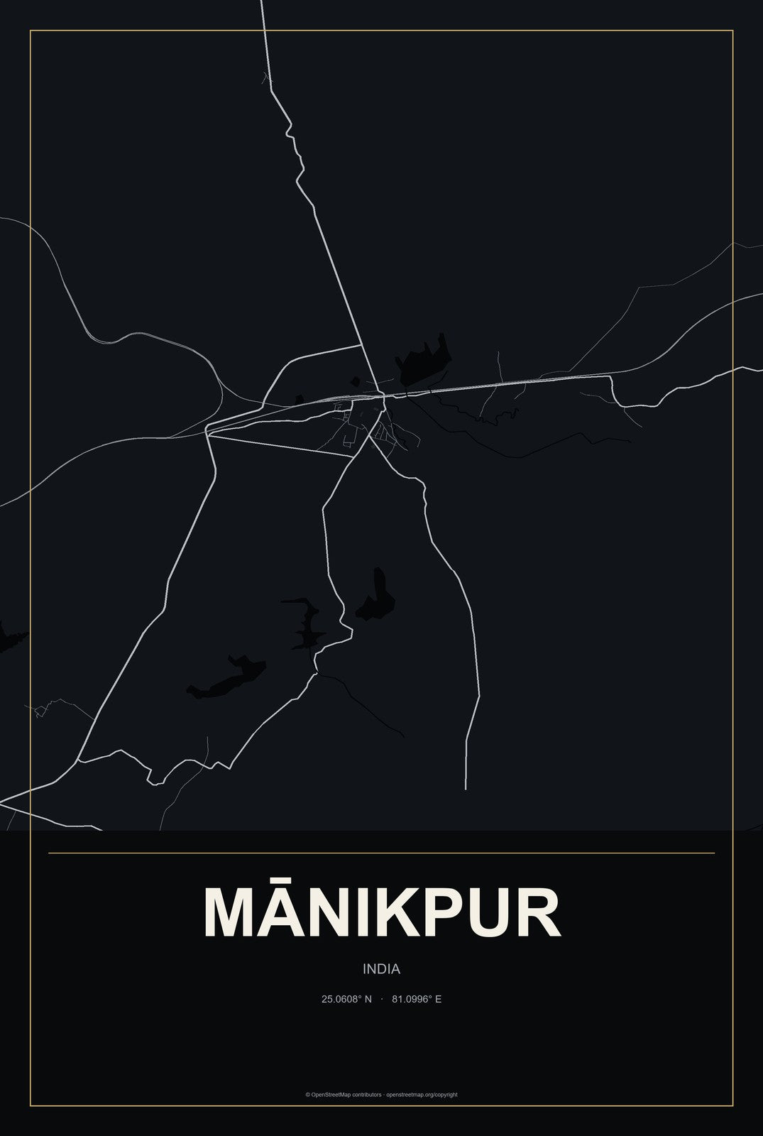 Mānikpur, India City Map Aluminum Sign in Metropolitan Noir style