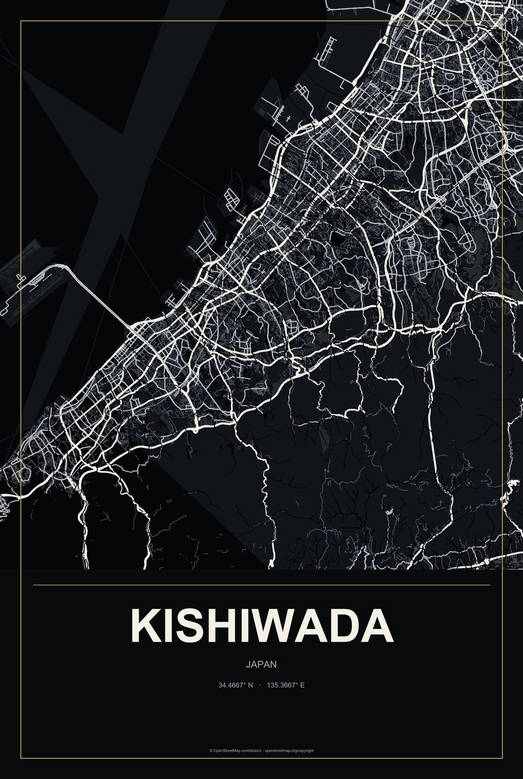 Kishiwada, Japan City Map Aluminum Sign in Metropolitan Noir style