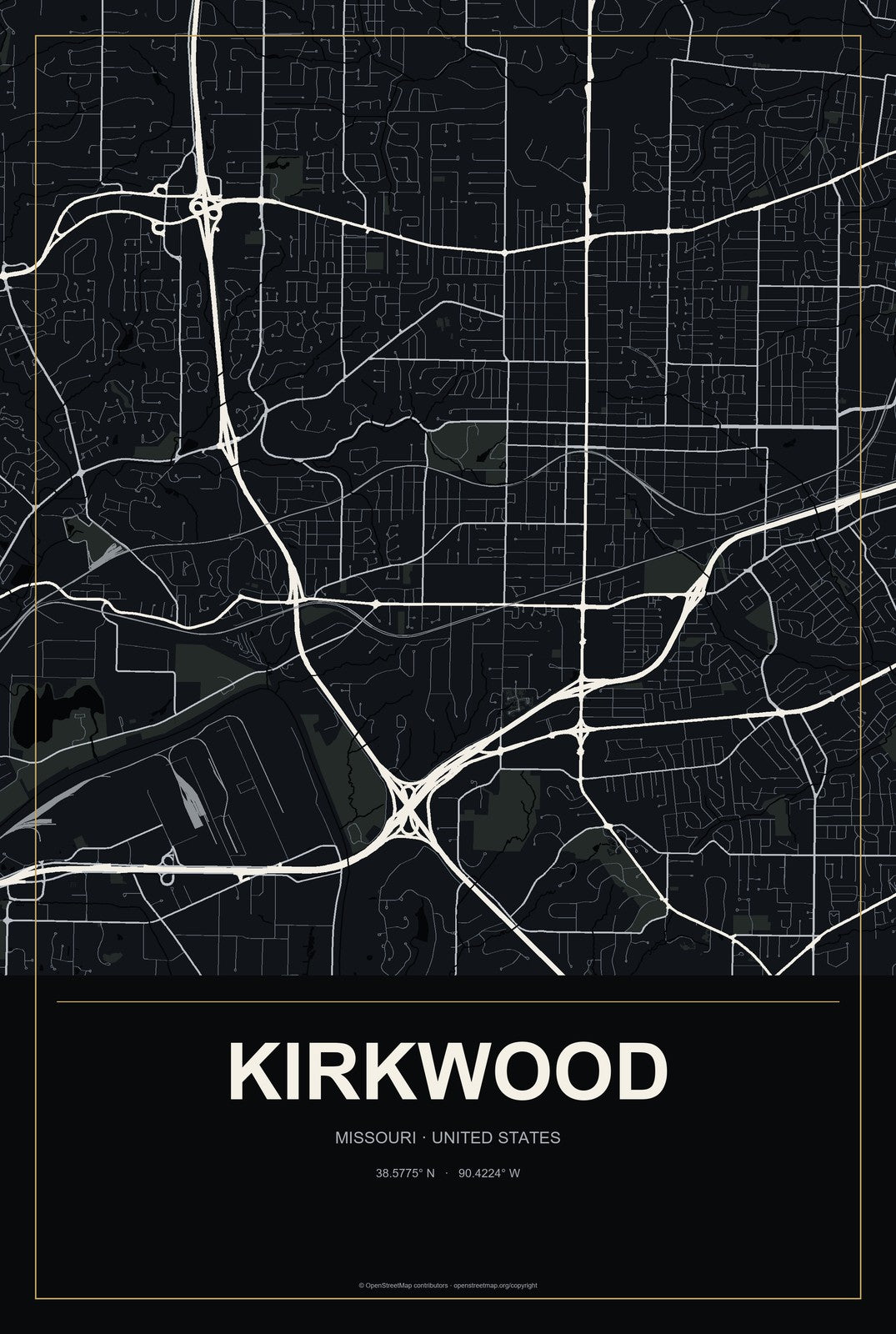 Kirkwood, Missouri City Map Aluminum Sign in Metropolitan Noir style