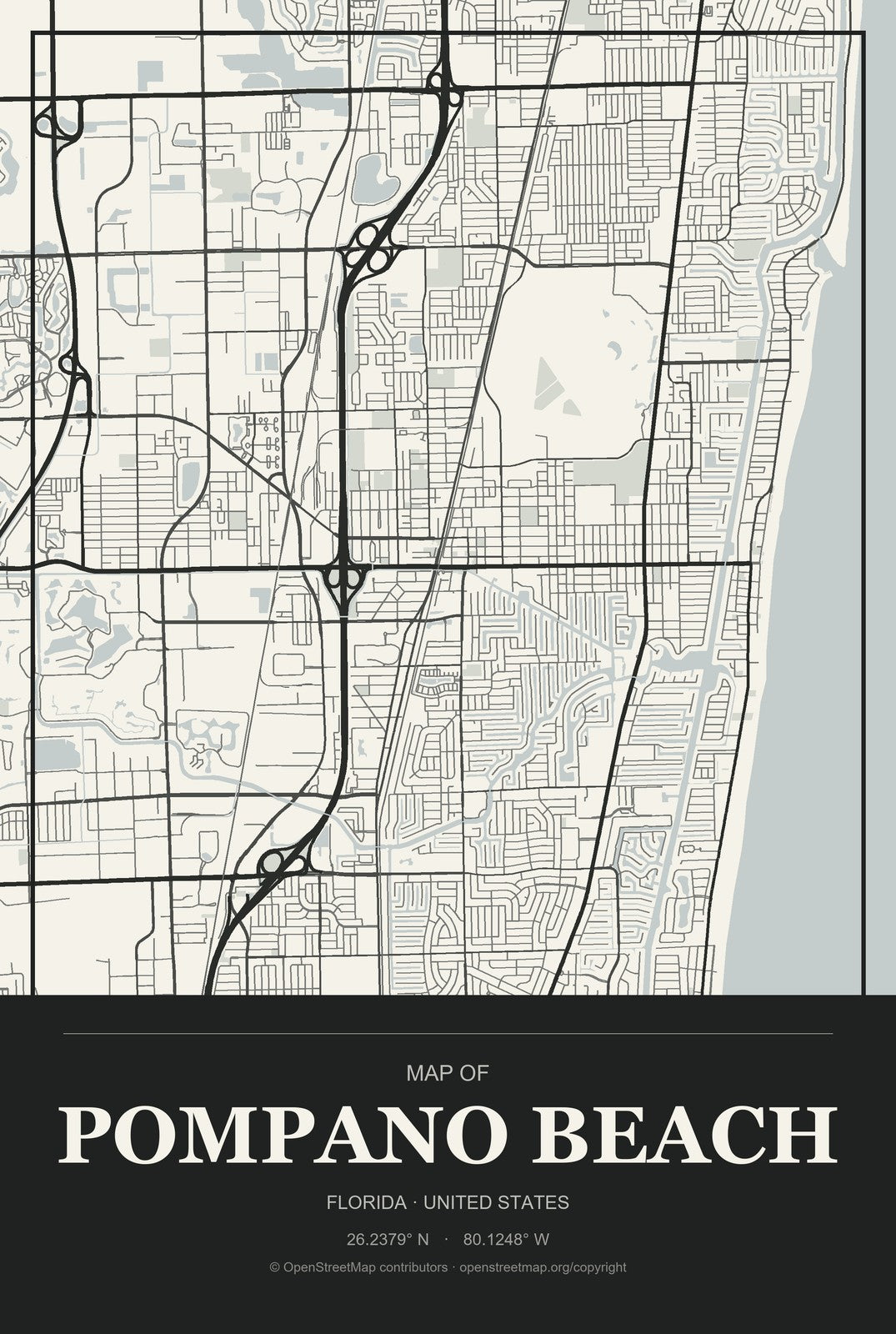 Pompano Beach, Florida City Map Aluminum Sign in Museum Plaque style