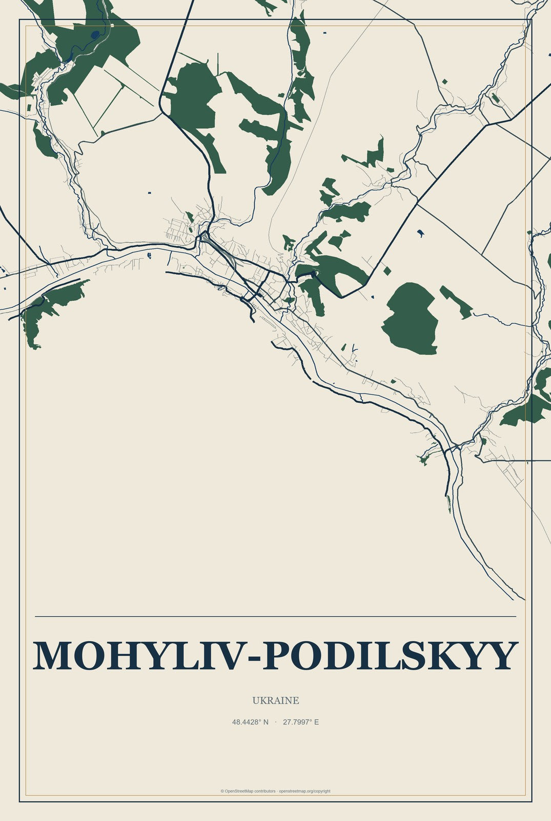 Mohyliv-Podilskyy, Ukraine City Map Aluminum Sign in Coastal Cutout style