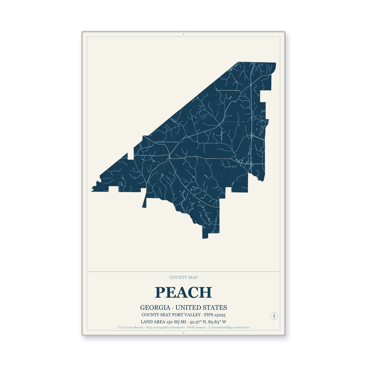 Peach County, Georgia Map Aluminum Sign in Coastal Cutout style