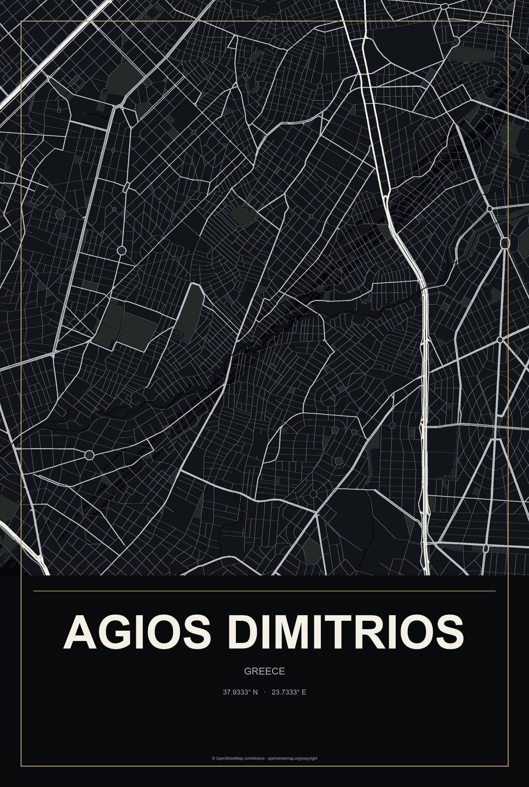 Agios Dimitrios, Greece City Map Aluminum Sign in Metropolitan Noir style