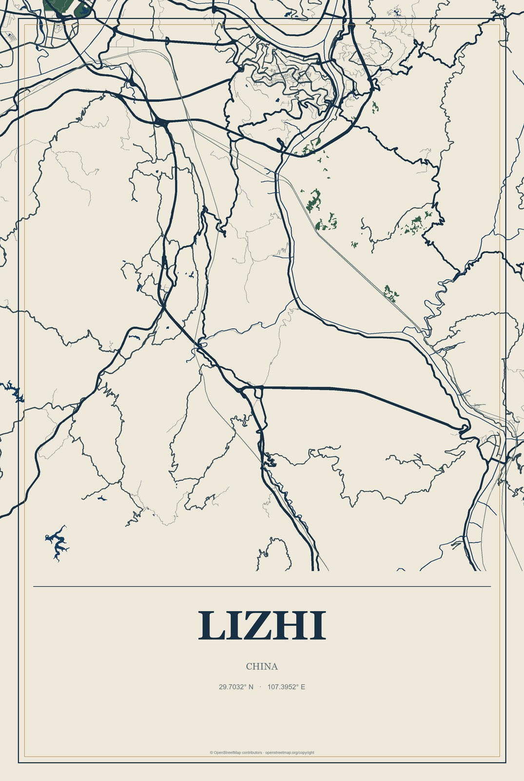 Lizhi, China City Map Aluminum Sign in Coastal Cutout style
