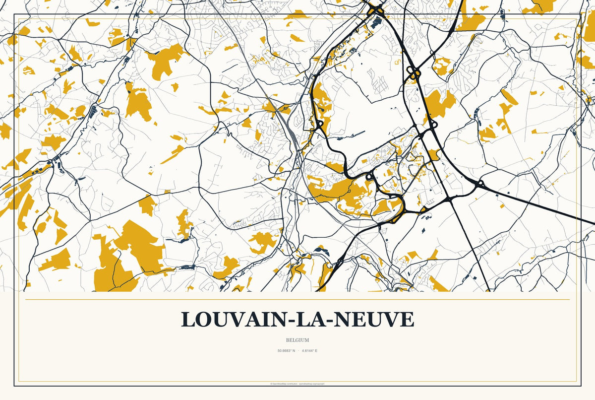 Louvain-la-Neuve, Belgium City Map Aluminum Sign in Citrine Modern style