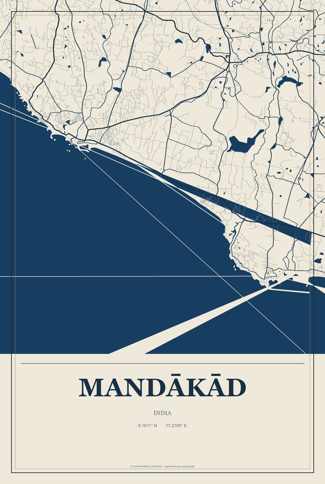 Mandākād, India City Map Aluminum Sign in Coastal Cutout style