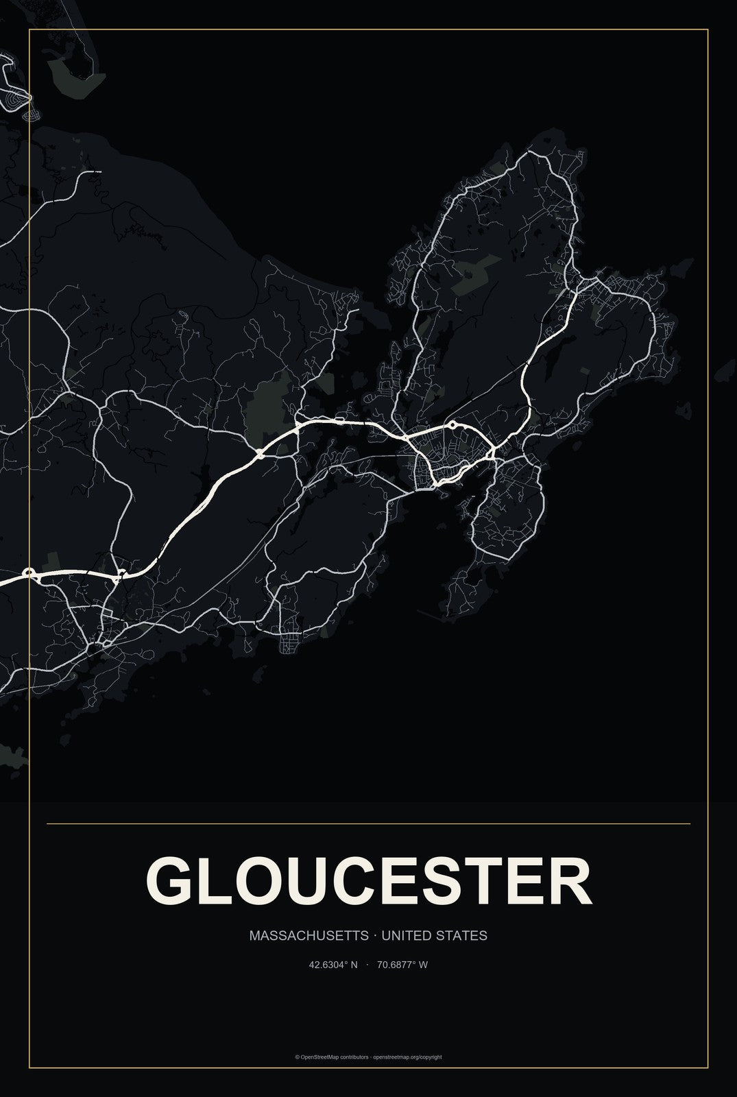 Gloucester, Massachusetts City Map Aluminum Sign in Metropolitan Noir style