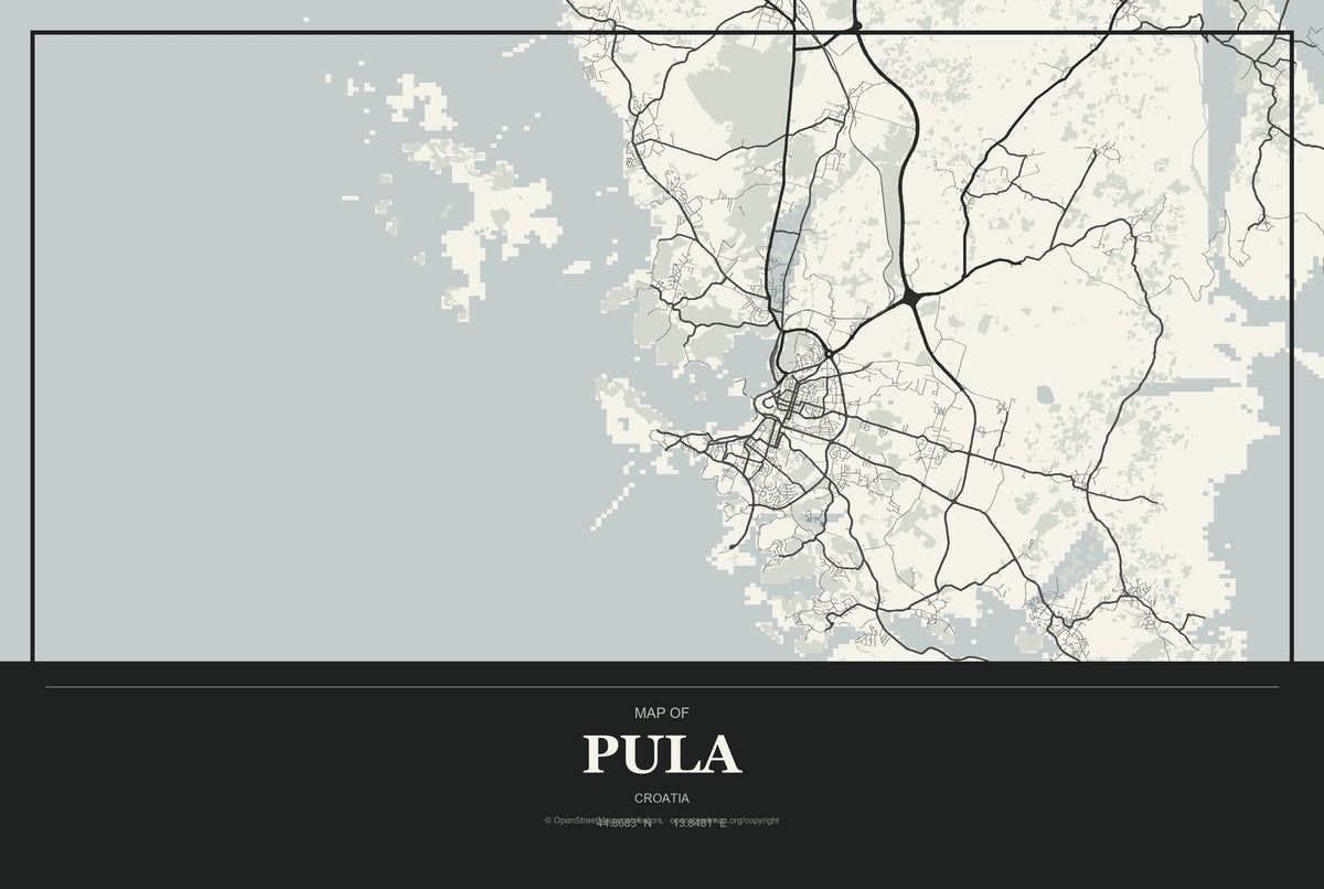 Pula, Croatia City Map Aluminum Sign in Museum Plaque style