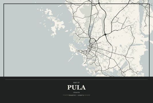 Pula, Croatia City Map Aluminum Sign in Museum Plaque style