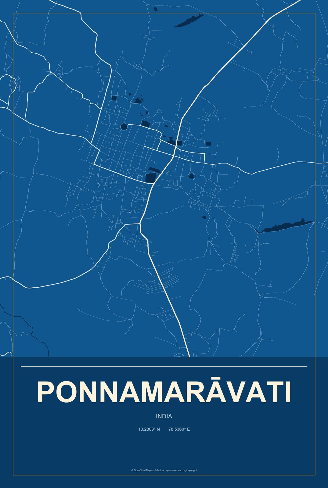 Ponnamarāvati, India City Map Aluminum Sign in Harbor Cobalt style