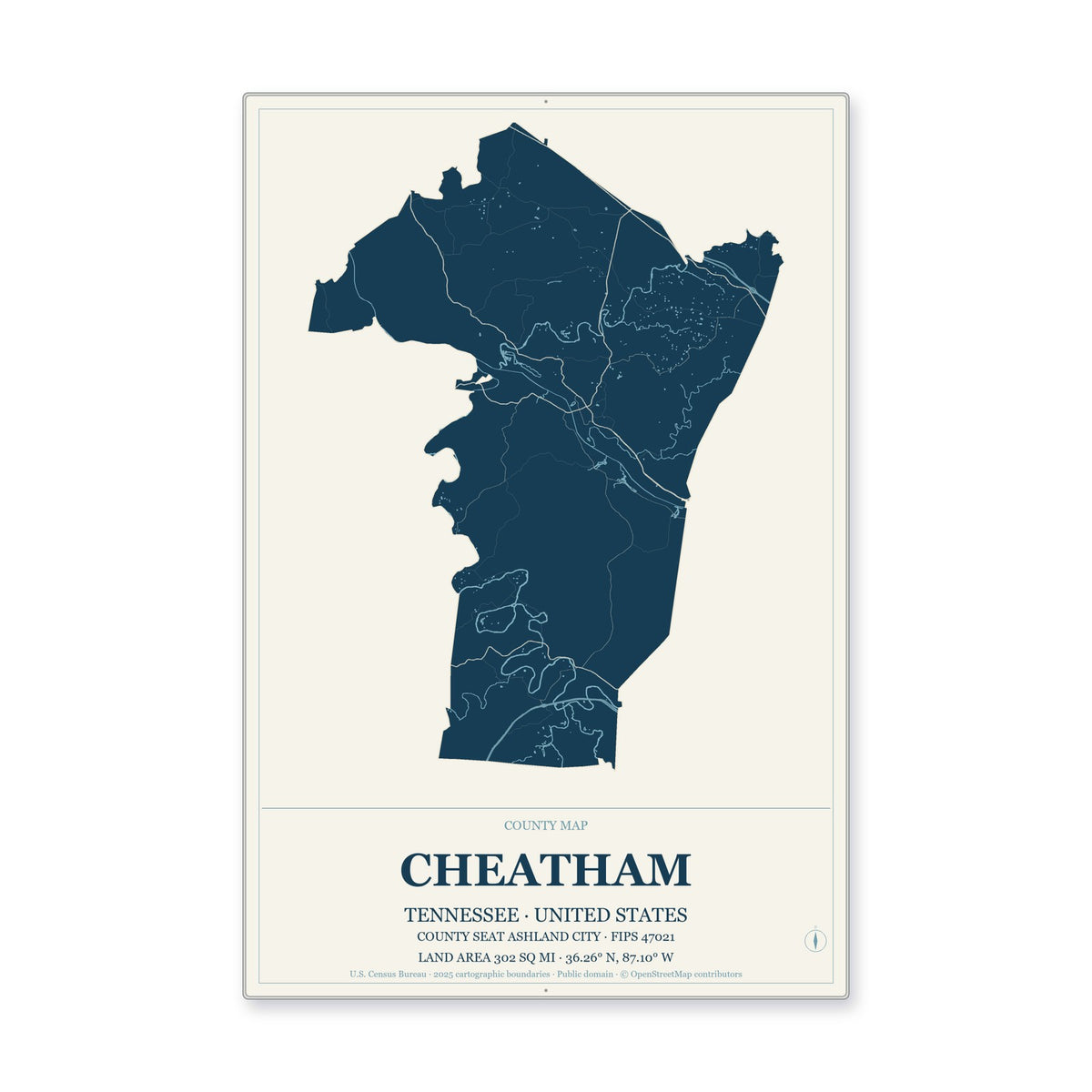 Cheatham County, Tennessee Map Aluminum Sign in Coastal Cutout style