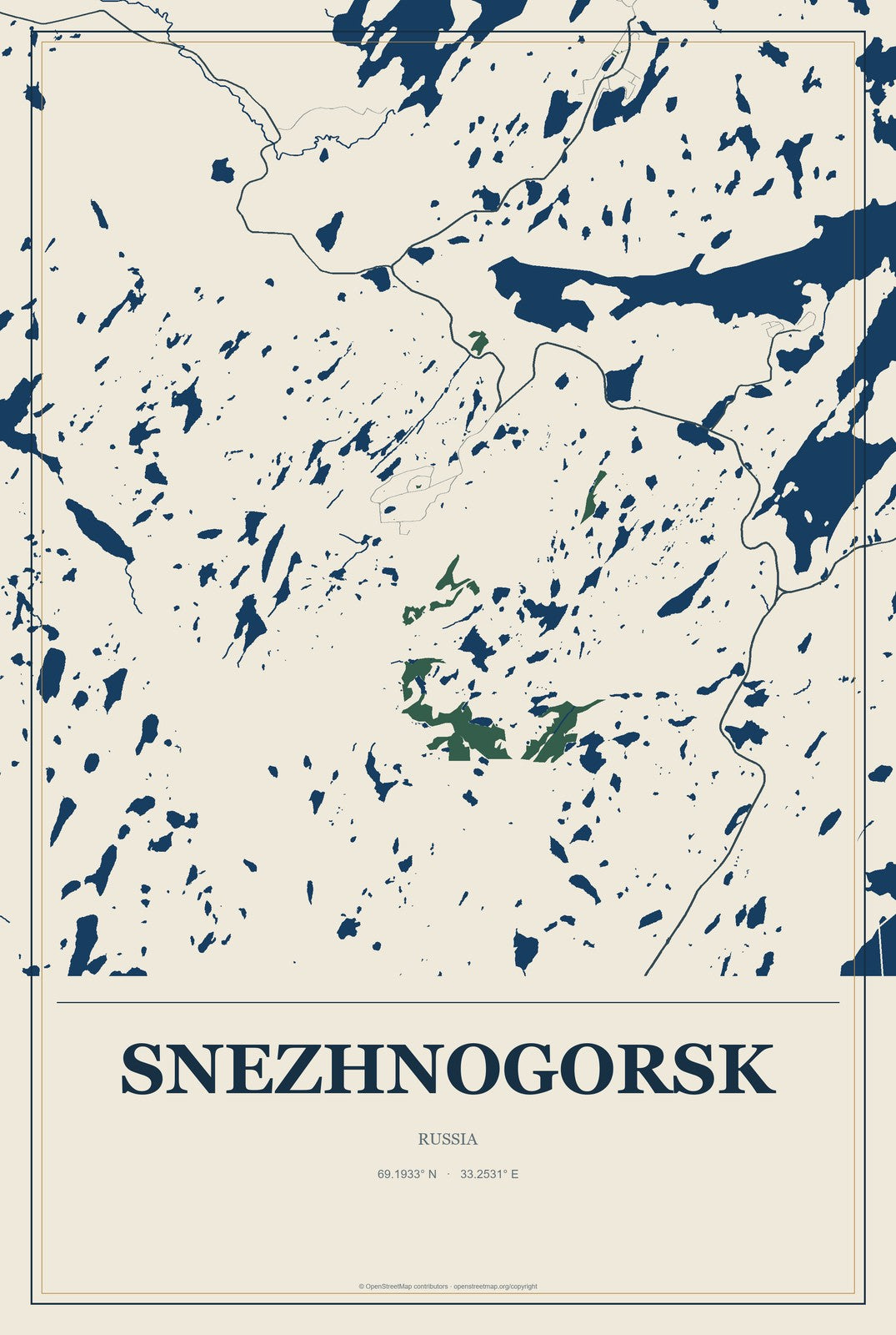 Snezhnogorsk, Russia City Map Aluminum Sign in Coastal Cutout style