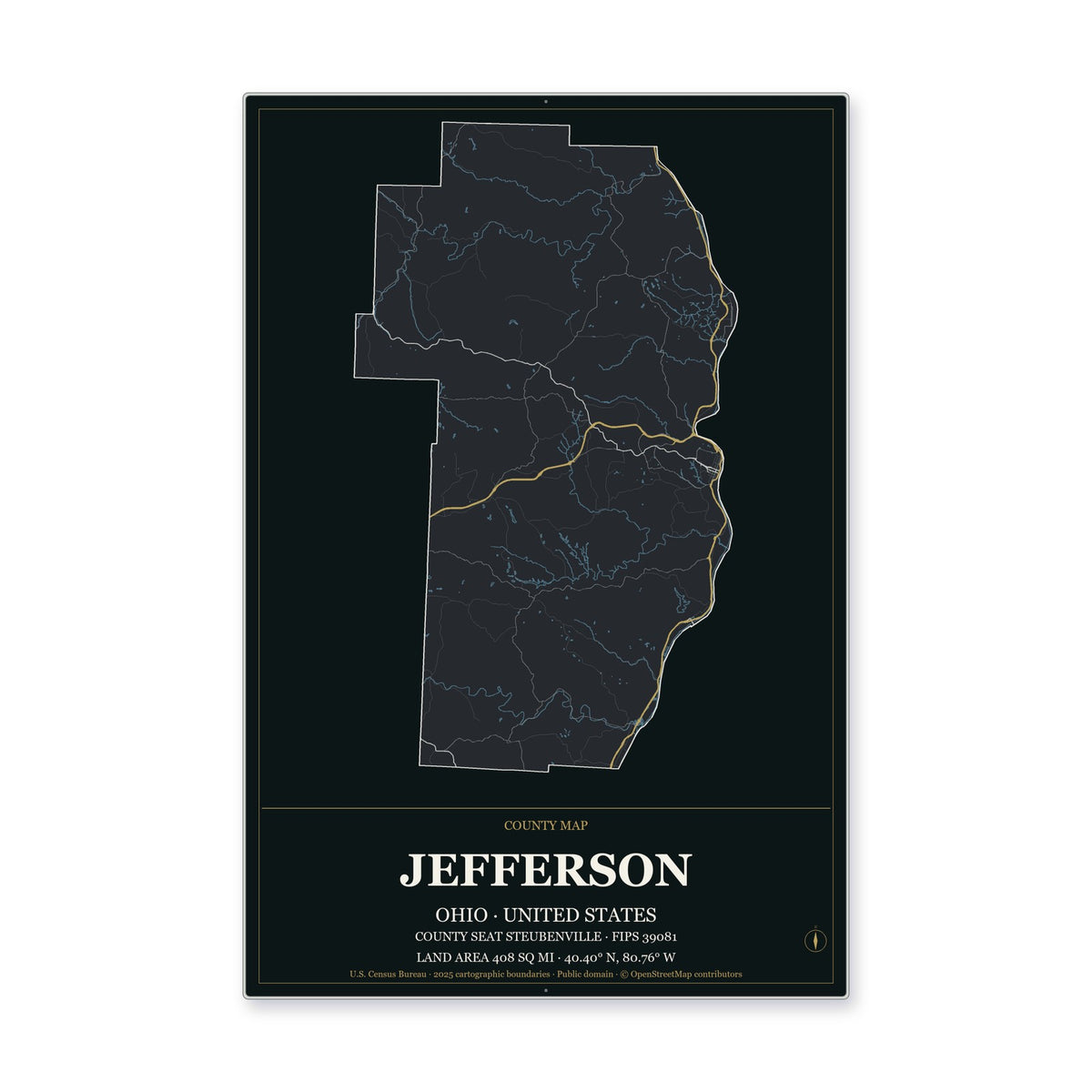 Jefferson County, Ohio Map Aluminum Sign in Metropolitan Noir style